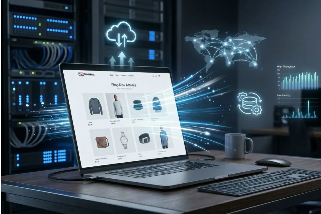 Speed Up Your WooCommerce StoreFast WooCommerce store optimization concept showing eCommerce performance, caching, CDN network, and website speed improvement on a modern laptop dashboard