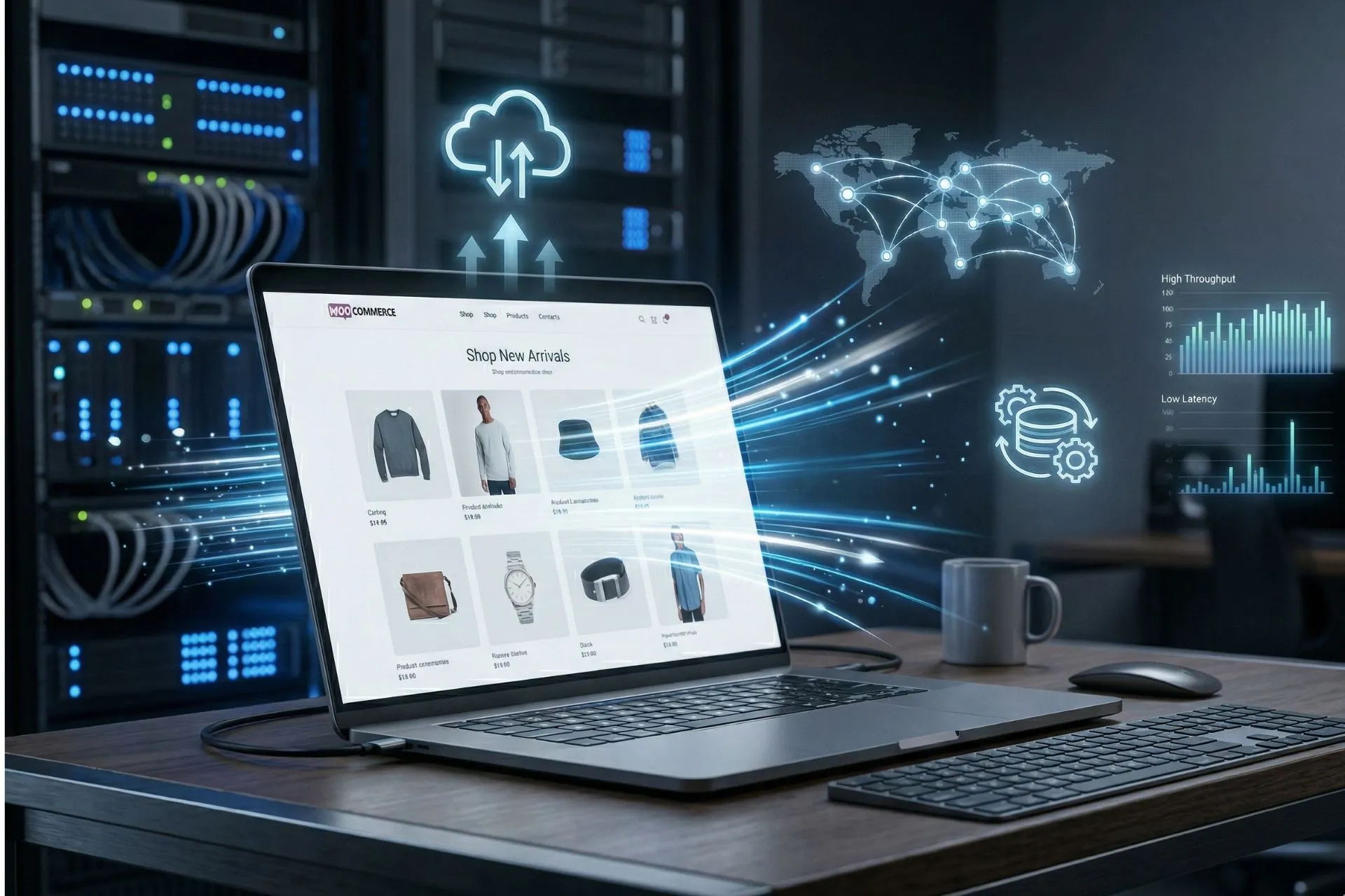 Speed Up Your WooCommerce StoreFast WooCommerce store optimization concept showing eCommerce performance, caching, CDN network, and website speed improvement on a modern laptop dashboard